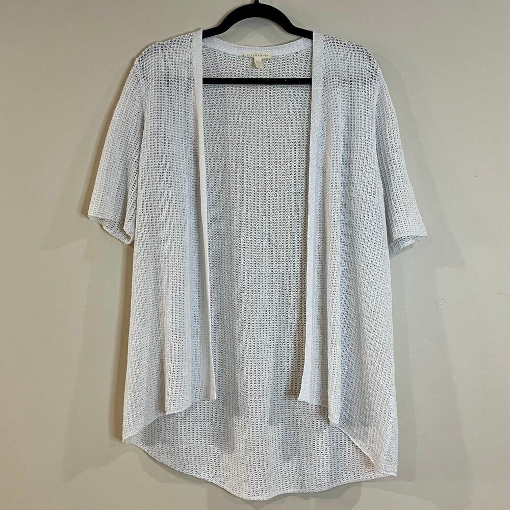 Eileen Fisher Organic Linen Open Knit White Short Sleeve Cardigan Lightweight M